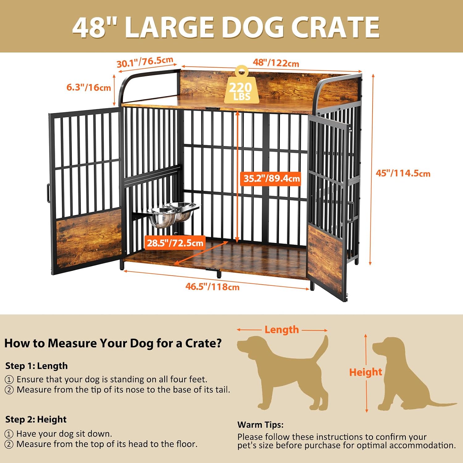 BEURUKU XL Dog Crate Furniture, Large Dog Kennel Indoor with 2 Adjustable Bowls, Heavy Duty Dog Crate for Large Dogs 48 Inch, Wooden Dog Cage Brown, 48' L X 30' W X 45' H