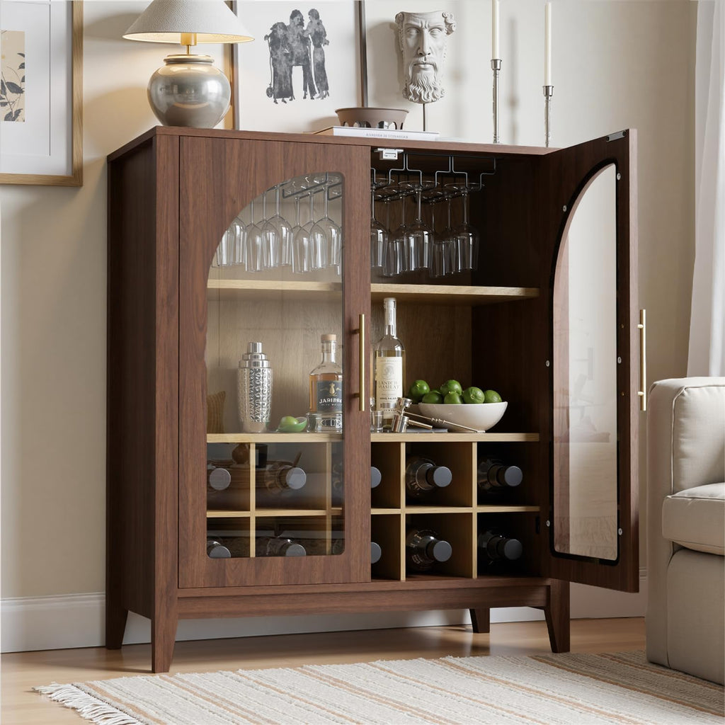FORTUNETEC Wine Bar Cabinet with Glass Doors, 31.5' Liquor Cabinet with Wine and Glass Rack, Mid Century Modern Sideboard Buffet Cabinet with Storage for Living Room Kitchen Dining Room, Walnut