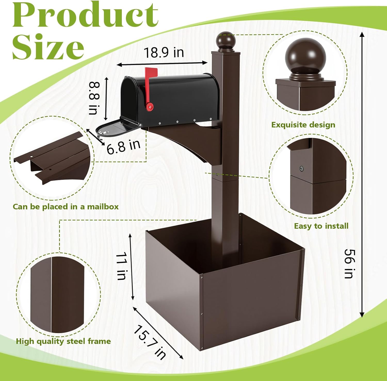 Colingmill Brown and Black Iron Mailbox Posts with Mailbox and Planter Box for Outside Decorative Ground Mounting Post 56 Inch / 4.6 ft Tall Heavy Duty Stand for Outdoor Use