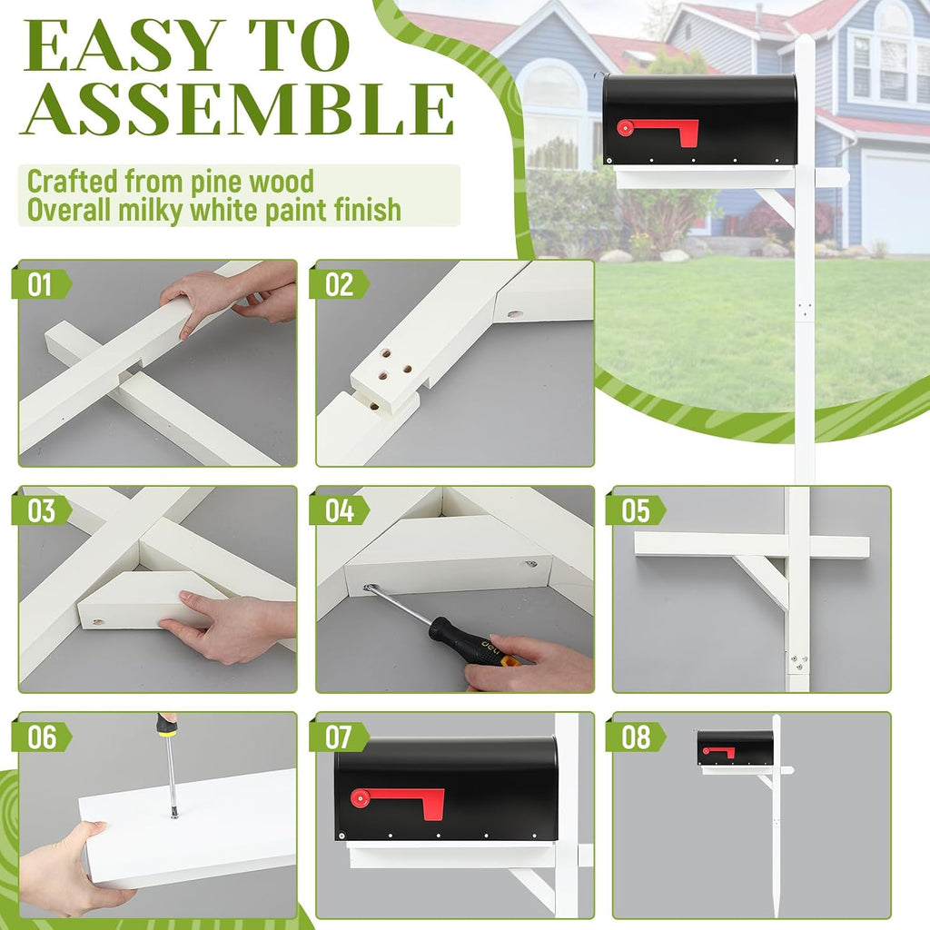Colingmill Mailbox and Post Combo, White Wooden Mailbox Post for Outdoor Home Yard Classic Style