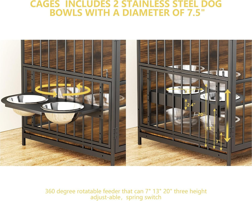 ROOMTEC Dog Crate Furniture-Style Cages for Large Dogs Indoor Heavy Duty Super Sturdy Dog Kennels with 2 Stainless Steel Bowls (48Inch = Int.dims: 46' W x 29' D x 35.5' H)