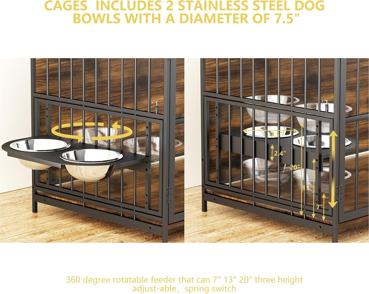 ROOMTEC Dog Crate Furniture-Style Cages for Large Dogs Indoor Heavy Duty Super Sturdy Dog Kennels with 2 Stainless Steel Bowls (48Inch = Int.dims: 46' W x 29' D x 35.5' H)