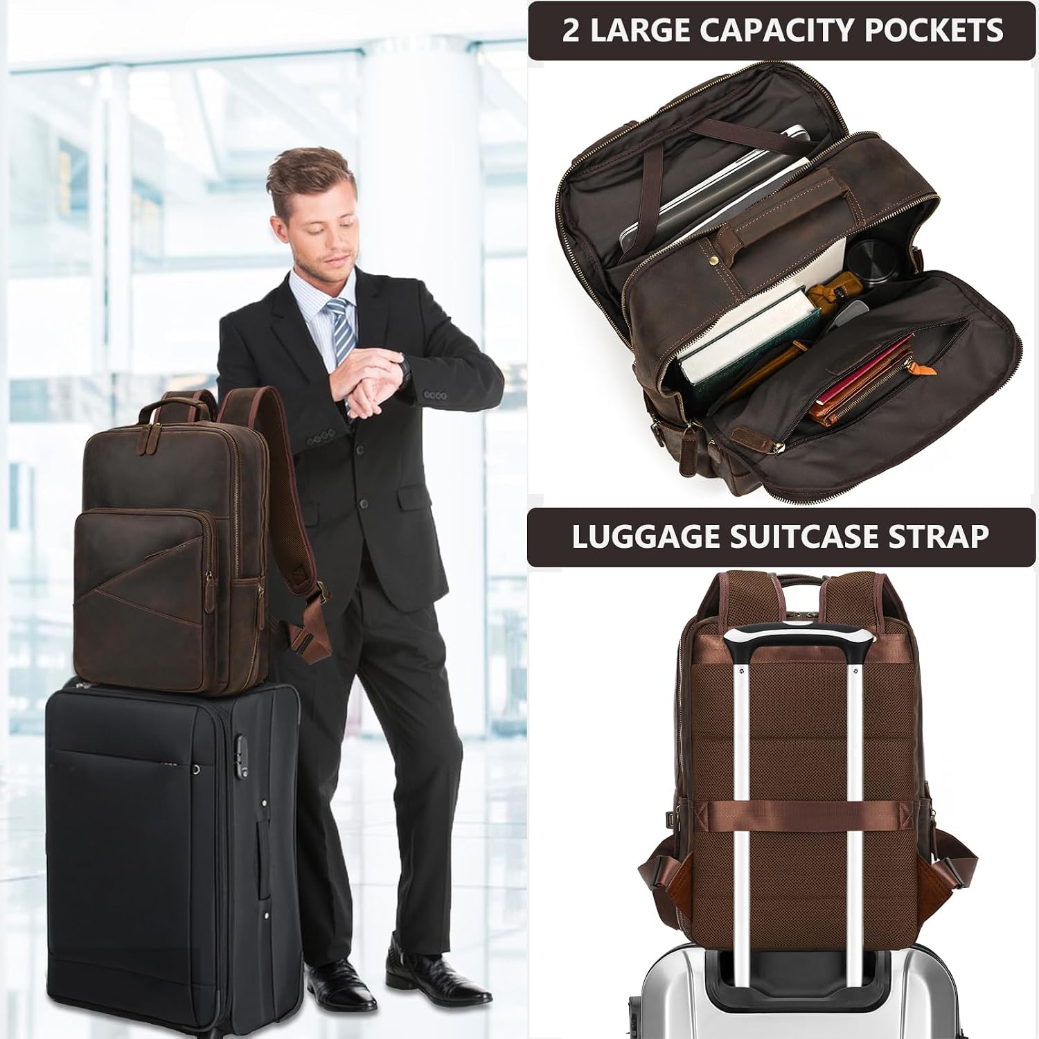Vintage Full Grain Leather Backpack for Men, 16' Laptop Rucksack For Men Hiking Trave Work Business Bag, Dark Brown
