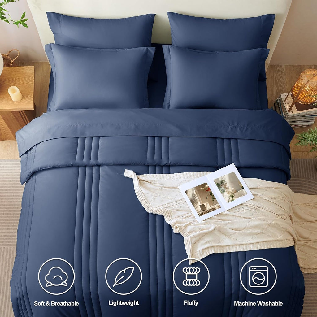 CozyLux Super King Plus Comforter Set Navy Blue - 7 Pieces Bed in a Bag, Modern Vertical Quilted Room Decor, Soft All-Season Bedding Gift with Comforter, Sheets, Pillowcases & Shams