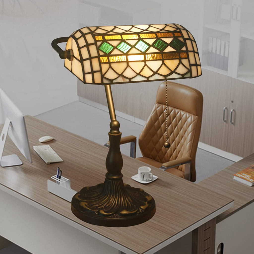 Tiffany Style Bankers Table Lamp Stained Glass Piano Desk Lamp Vintage Bedroom Bedside Lamp for Study,Antique Alloy Base,Zipper Switch,Green e
