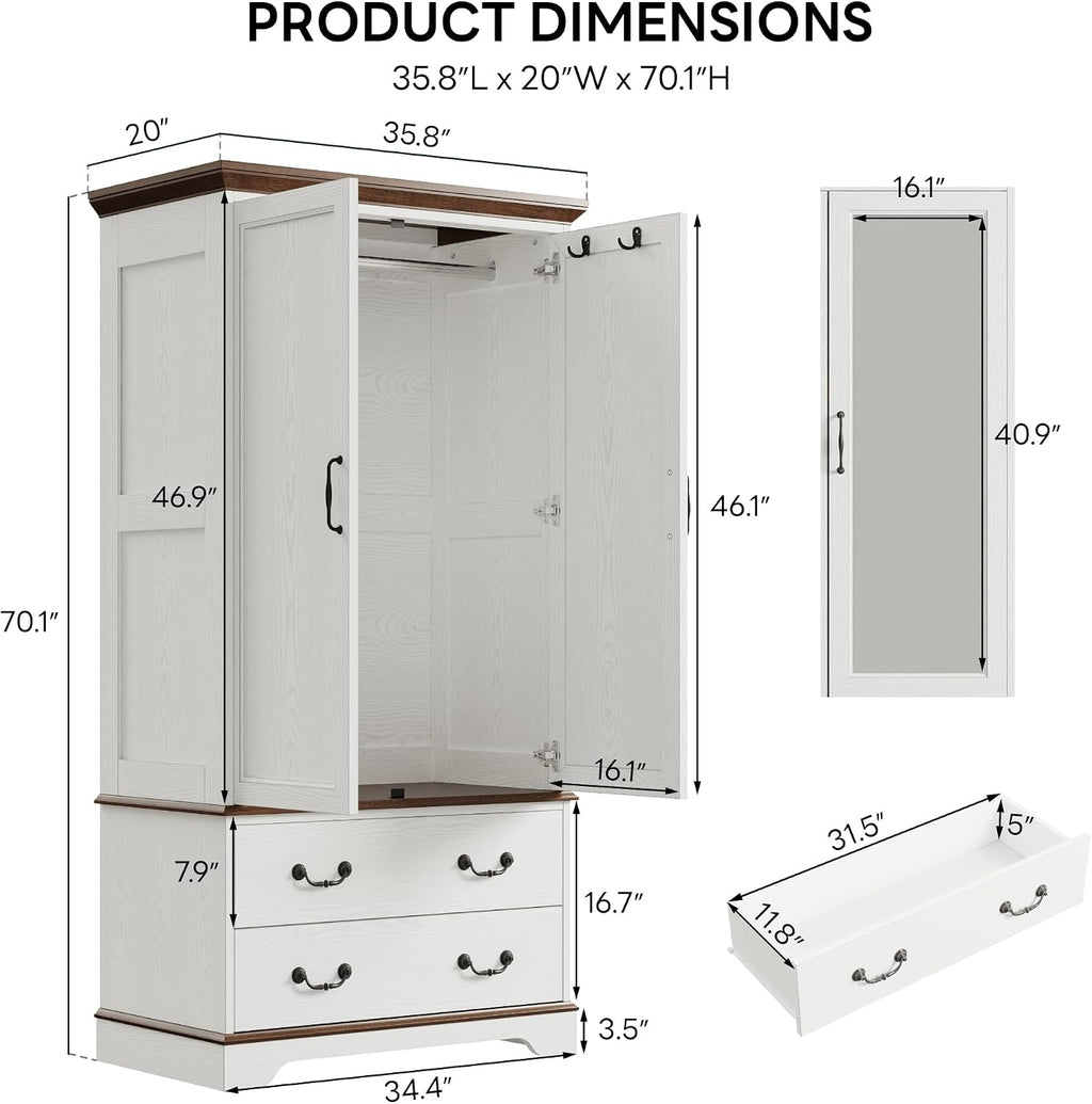 LIKIMIO Armoire Wardrobe Closet with Mirror, 70.1' Wooden Clothing Storage Cabinet with 2 Doors & 2 Drawers, Modern Bedroom Freestanding Wardrobe Combination with Hanging Rod, Cherry with White
