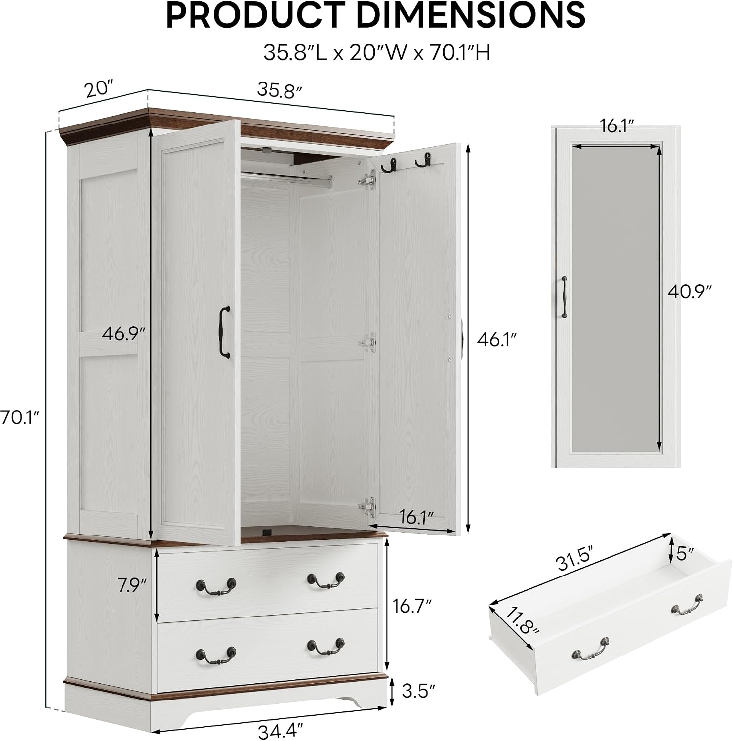 LIKIMIO Armoire Wardrobe Closet with Mirror, 70.1' Wooden Clothing Storage Cabinet with 2 Doors & 2 Drawers, Modern Bedroom Freestanding Wardrobe Combination with Hanging Rod, Cherry with White