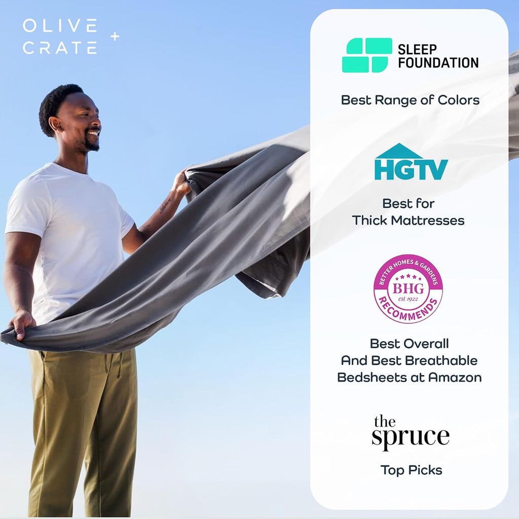 Olive + Crate Tencel Lyocell Eucalyptus Queen Size Sheet Set - Cooling Tencel Sheets for Hot Sleepers with 18 Inch Deep Pocket Fit - Charcoal 4-Piece Set