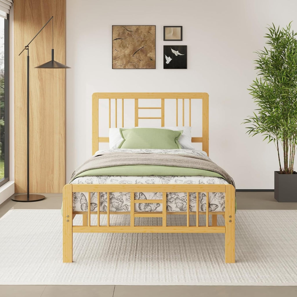 12 Inch Bamboo Wood Twin Size Platform Bed Frame with Headboard and Footboard, Metal Slat Support Bed Frame Twin Heavy Duty, No Box Spring Needed, Easy Assembly, Noise Free, Reinforced