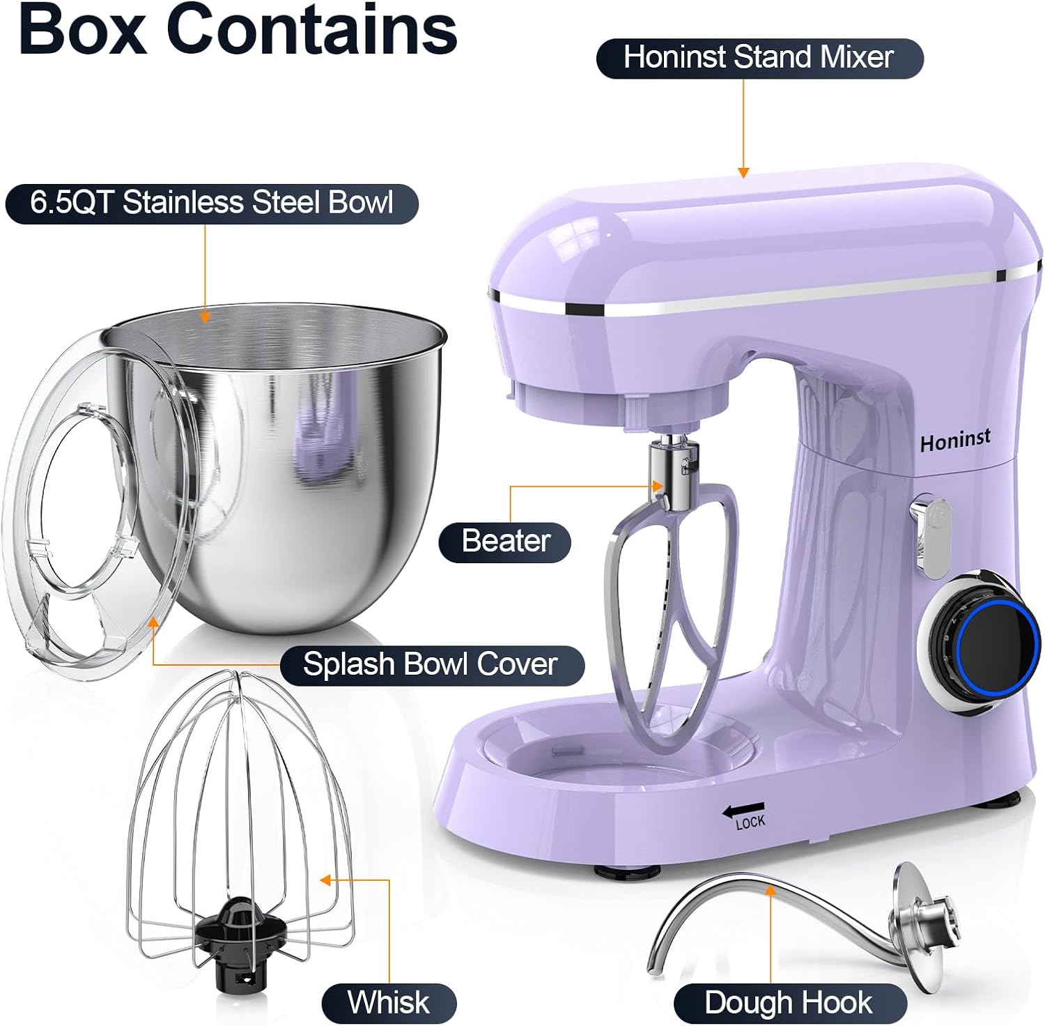 Honinst Stand Mixer, 6.5QT 10-Speed Tilt-Head Electric Stand Mixer, 3-In-1 Kitchen Mixer with Bowl, Dough Hook, Whisk and Beater, Food Mixer for Baking, Cake and Most Home Cooks, Purple