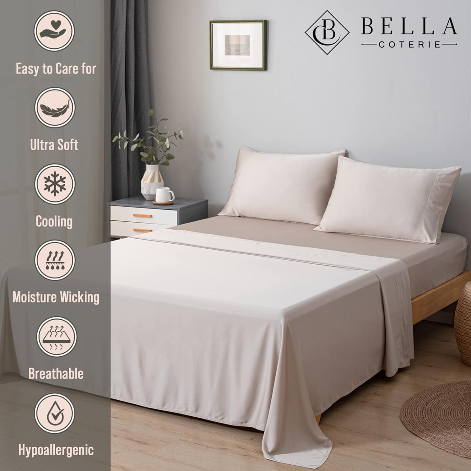 Bella Coterie Luxury Bamboo Viscose Queen Size Sheet Set | 100% Organically Grown | Ultra Soft | Cooling for Hot Sleepers | 18' Deep Pocket [Dune]