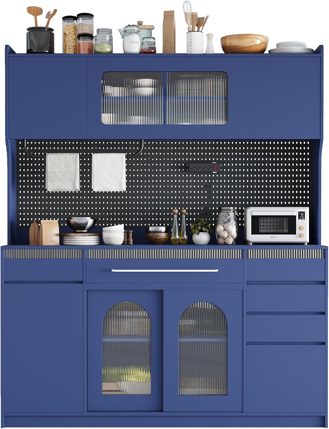 63'' W Buffet Cabinet with Hutch, Large Coffee Bar Storage Cabinet with 6 Drawers, Kitchen Pantry Sideboard with 5 Cabinets and Adjustable Shelves, Pegboard, Towel Rack, Power Outlet