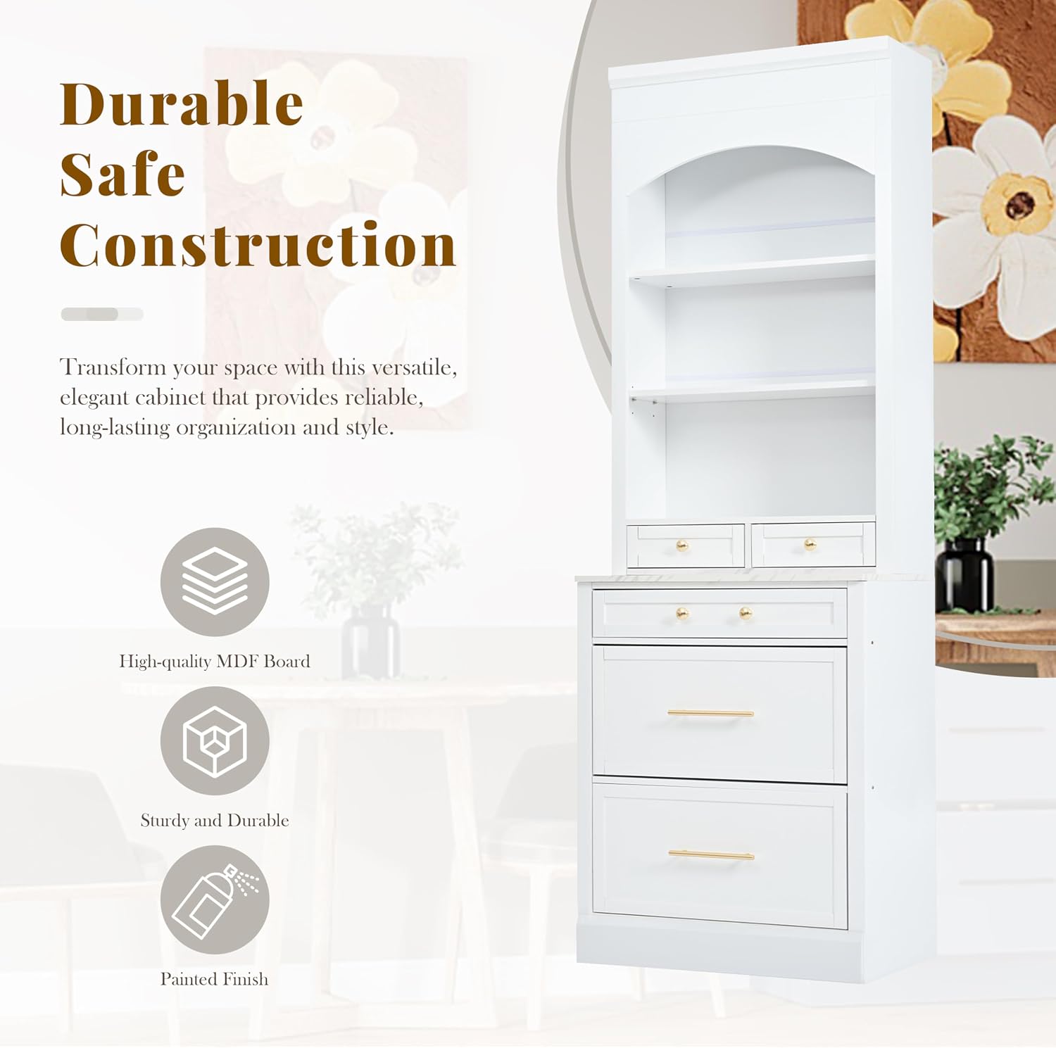 Modern 83.7inch High Kitchen Pantry, Freestanding Tall Kitchen Hutch with Faux Marble Top, Cupboard Cabinet with 5 Storage Drawers and Adjustable Shelf (White-4)