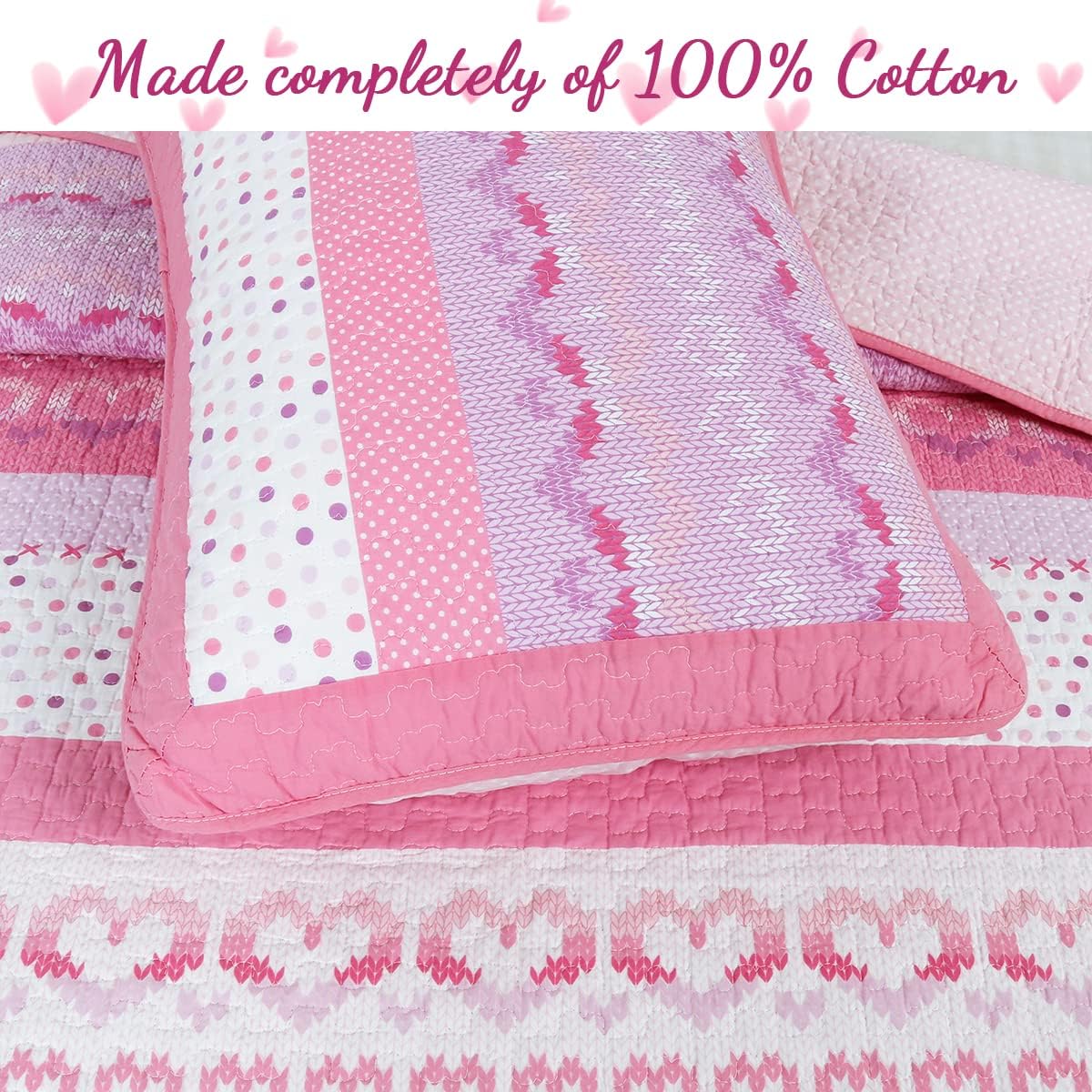 Cozy Line Home Fashions Pink Butterfly Knit 100% Cotton Reversible Quilt Bedding Set, Coverlet, Bedspreads (Twin - 5 Piece: 1 Quilt + 1 Standard Sham + 3 Decorative Pillows)