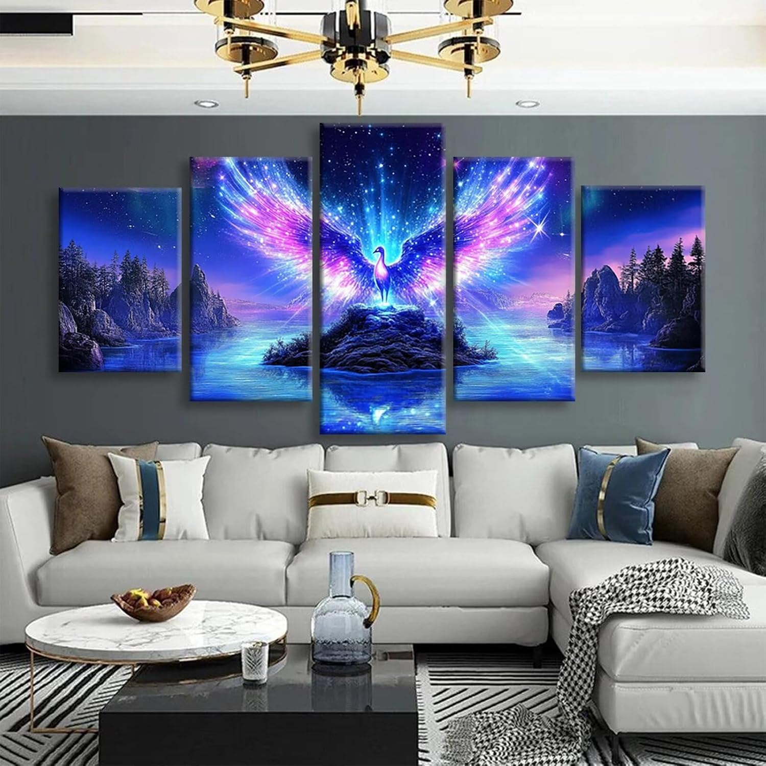 Dream Diamond Art 5 Piece Diamond Painting Phoenix 5D DIY Full Round Drill Dimond Art Paintings Rhinestones Crafts for Adults Gem Painting for Home Decor, Large Artwork for Wall 44 x 90 Inch, Model147
