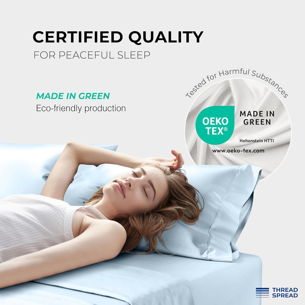 THREAD SPREAD 100% Egyptian Cotton Queen Sheets Set - 1200 Series Plush Collection Luxury Egyptian Cotton Sheets Queen Size Deep Pocket (4 PC, Light Blue), Soft, Cooling, Sateen Weave Sheet Set