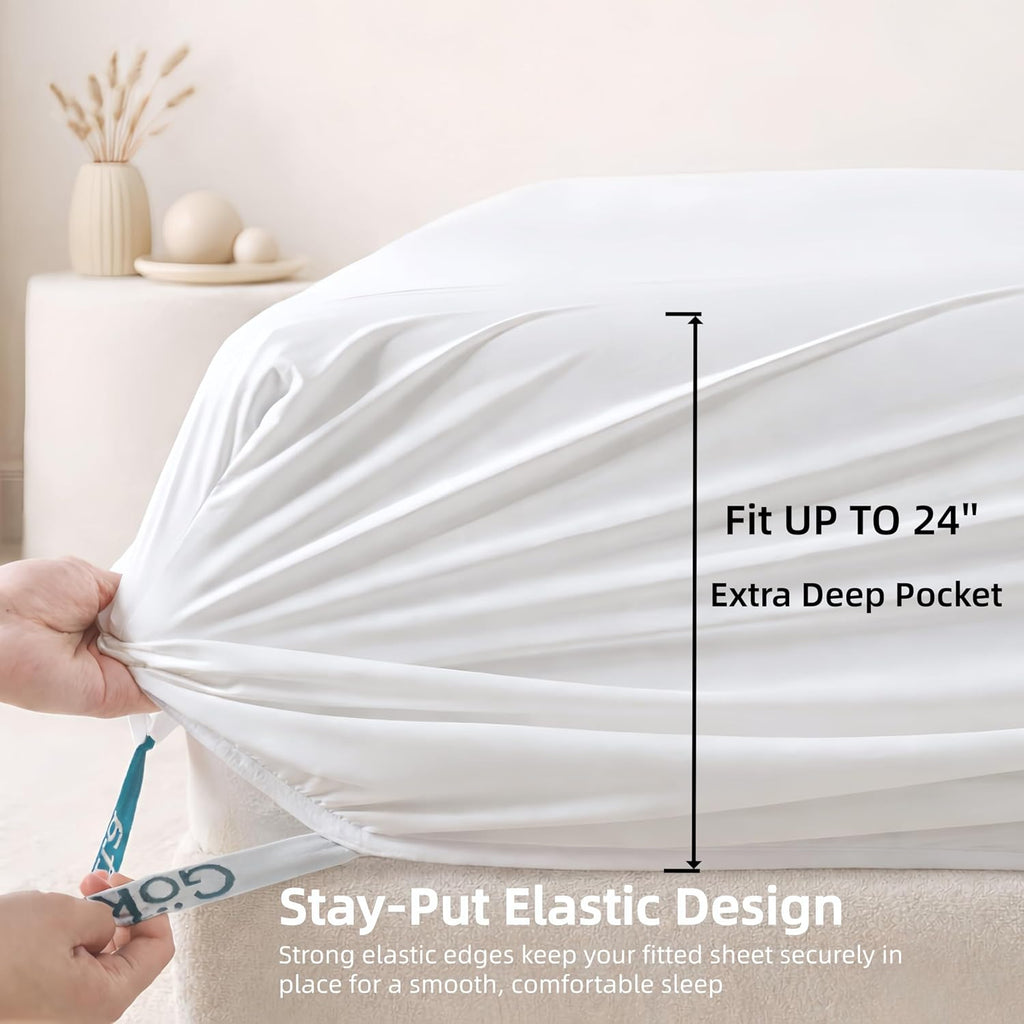 GOKOTTA Bed Sheets 6 Piece Set, 100% Rayon Derived from Bamboo, Extra Deep Pocket Fitted Sheet with Elastic Corner Straps, Soft Luxury Hypoallergenic (White, Queen)