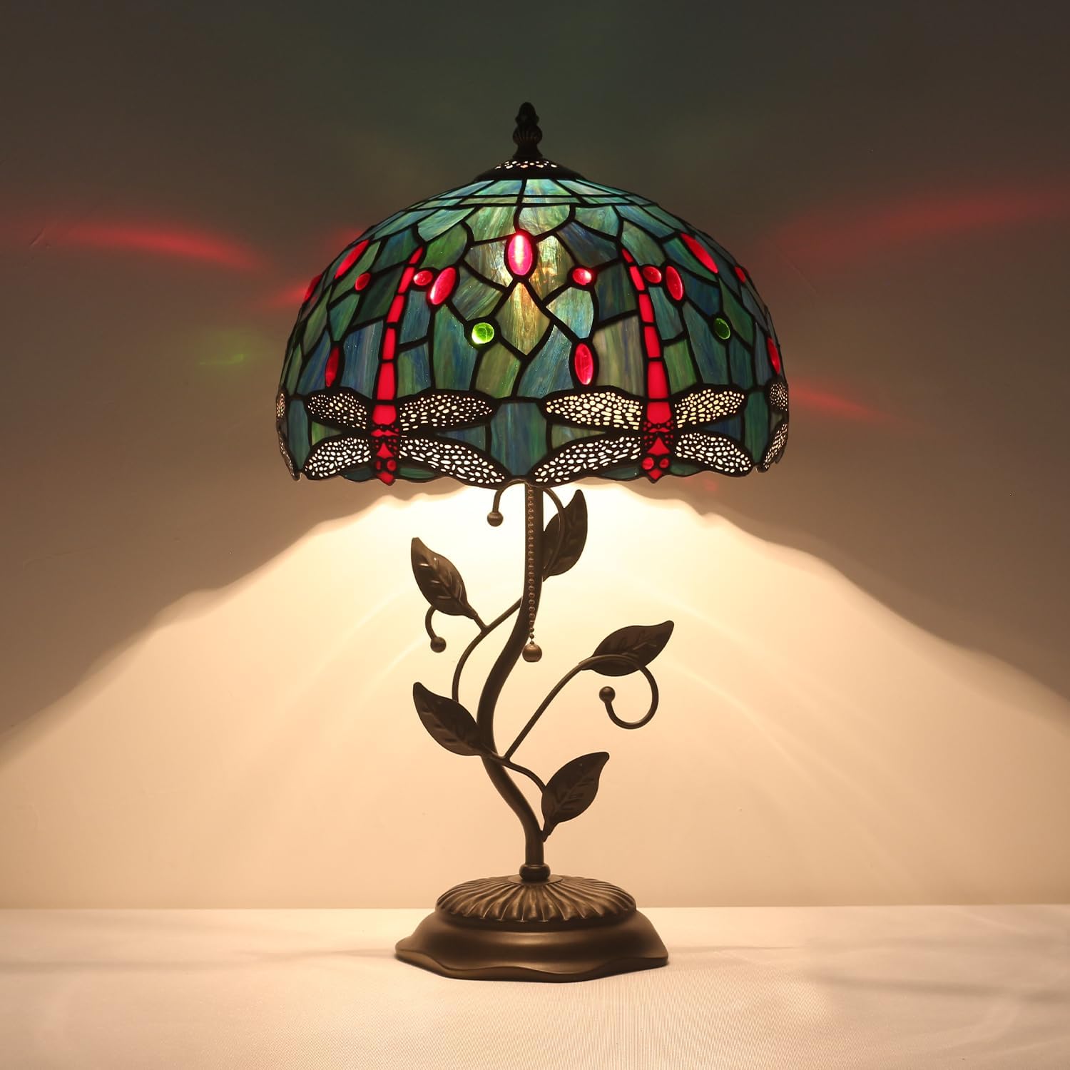 Tiffany Table Lamp, Stained Glass Red Dragonfly Style, Metal Leaf Base Decor Lamp, 12x12x19 Inch for Bedroom, Living Room, Home, Office