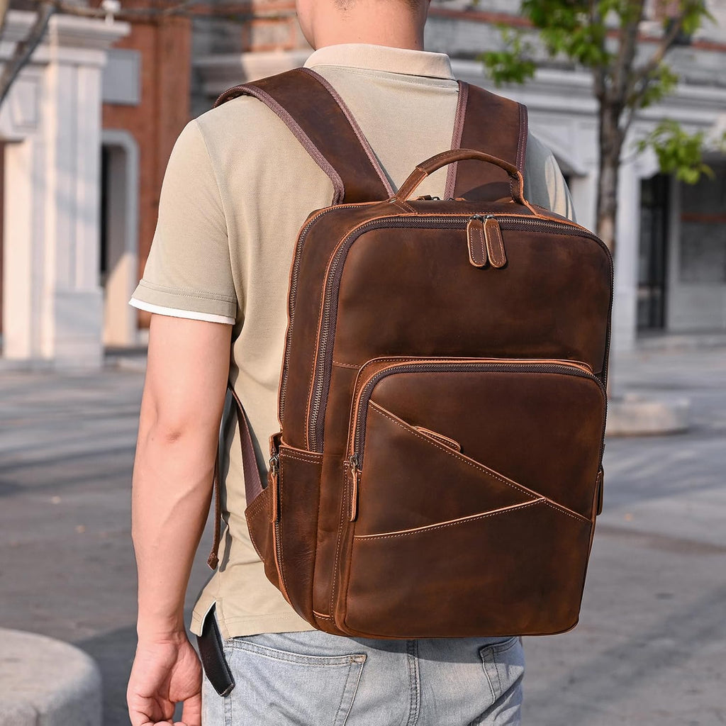 Vintage Full Grain Leather Backpack for Men, 16' Laptop Rucksack For Men Hiking Trave Work Business Bag, Brown