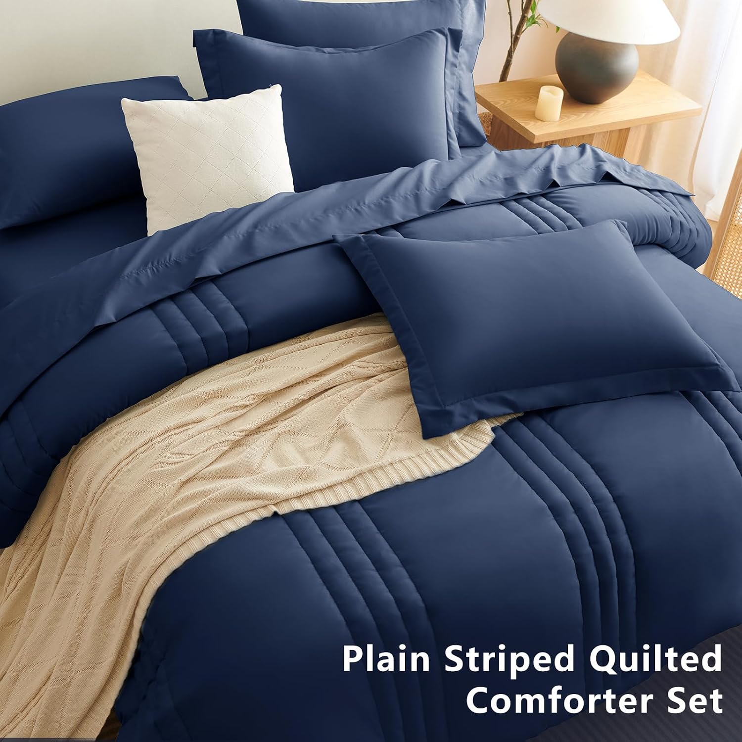 CozyLux Super King Plus Comforter Set Navy Blue - 7 Pieces Bed in a Bag, Modern Vertical Quilted Room Decor, Soft All-Season Bedding Gift with Comforter, Sheets, Pillowcases & Shams