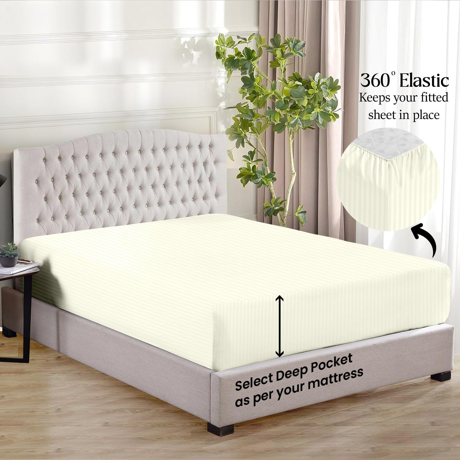 1000 Series- Extra Long Staple 100% Egyptian Cotton Sheet Set,Sateen Weave, Hotel Quality Soft Luxury Bedding, Queen Size 4 Piece Sheet Set Fit 15' Inch to 18' Deep Stripe Ivory