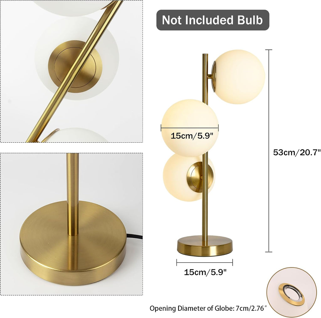 Modern Gold Globe Table Lamp, Mid-Century 3-Light Desk Lamp with 5.9' Frosted Milk Glass Shade, Brass Metal Base Bedside Nightstand Lamp for Bedroom, Living Room, Office