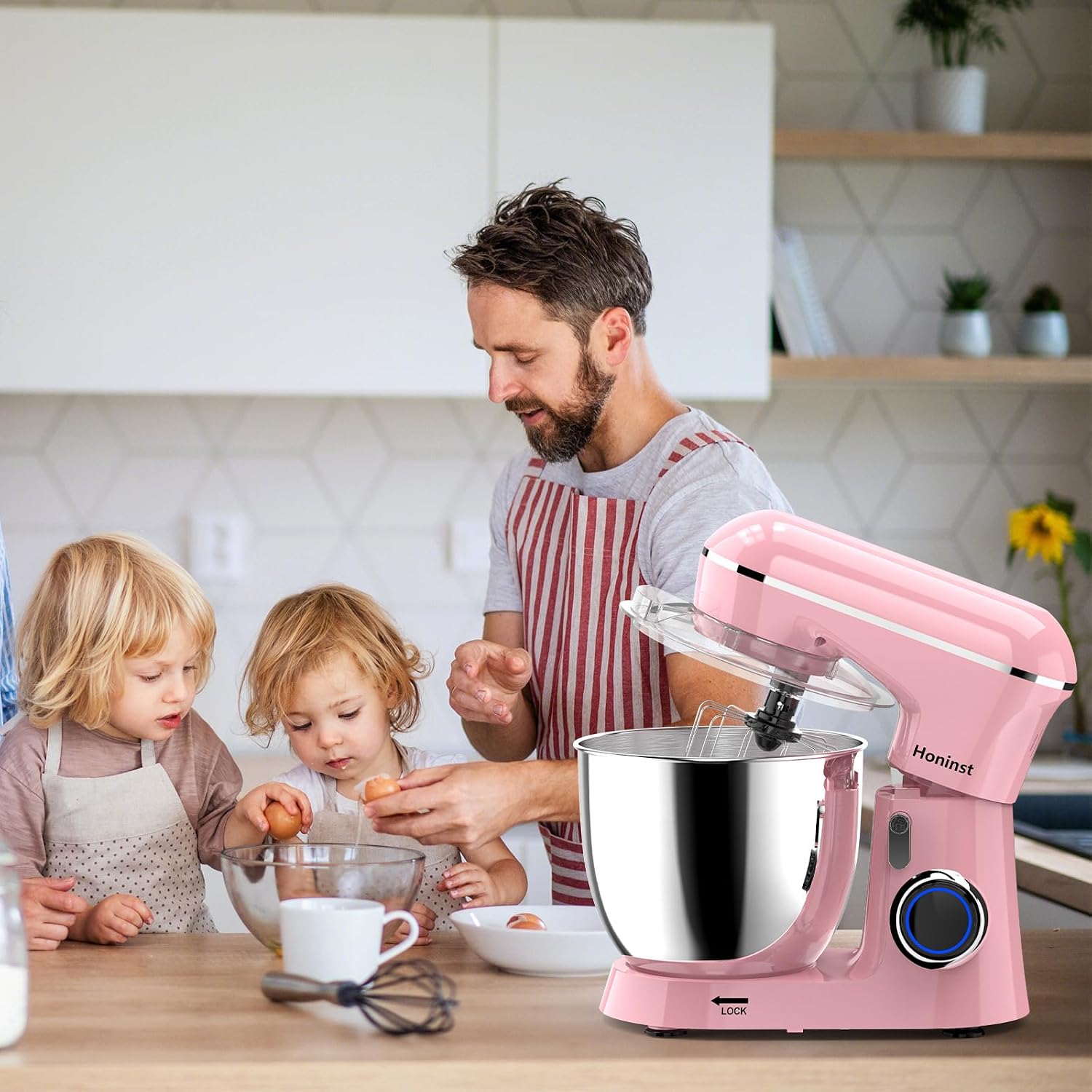 Honinst Stand Mixer, 6.5QT 10-Speed Tilt-Head Electric Stand Mixer, 3-In-1 Kitchen Mixer with Bowl, Dough Hook, Whisk and Beater, Food Mixer for Baking, Cake and Most Home Cooks, Pink