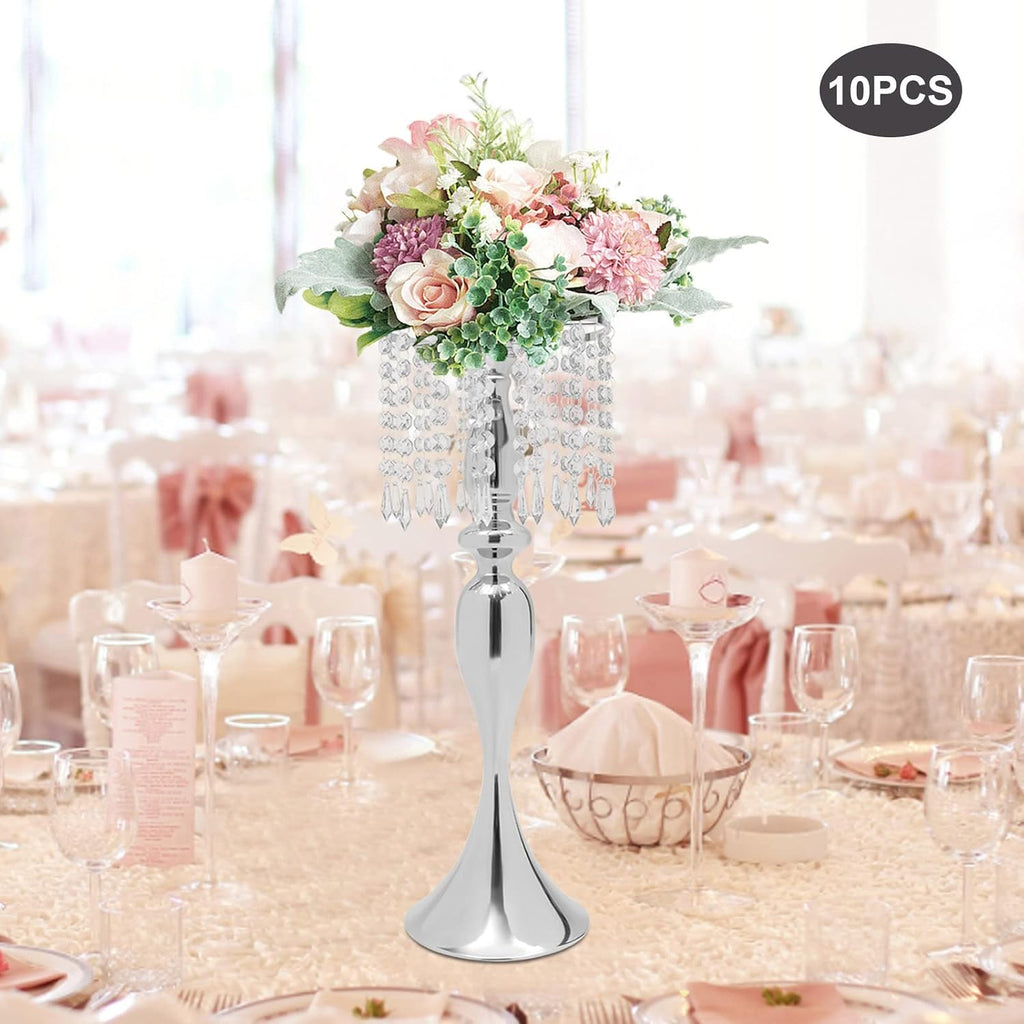 10PCS Crystal Flower Stand Wedding Centerpieces 21.3Inch Tall Sliver Vases Metal Flower Candle Holder with Sparkling Crystal for Table Wedding Party Dinner Event Decor (Silver-6)