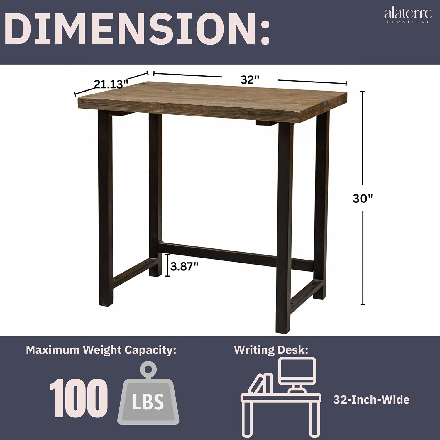 Pomona 32-Inch Compact Writing Desk with Solid Wood Top and Metal Frame – Rustic Industrial Style Small Home Office Desk with Durable Lacquer Finish and Floor Levelers by Alaterre Furniture (Natural)