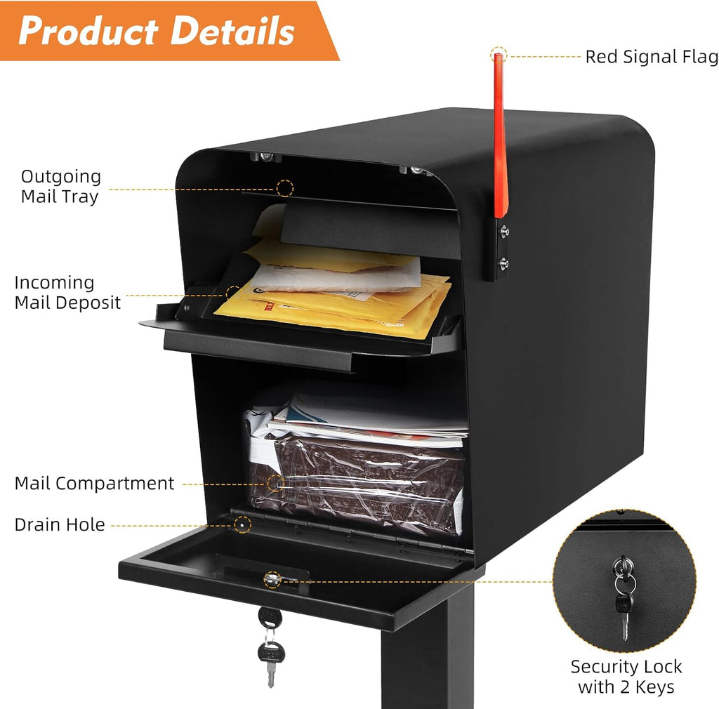 Extra Large Anti-Theft Post Mount Locking Mailbox, 21.6 x 11.8 x 16.5 Inches, High Security Parcel Mailbox with Outgoing Mail Tray, Heavy Duty Steel Mailbox for Outside, Black