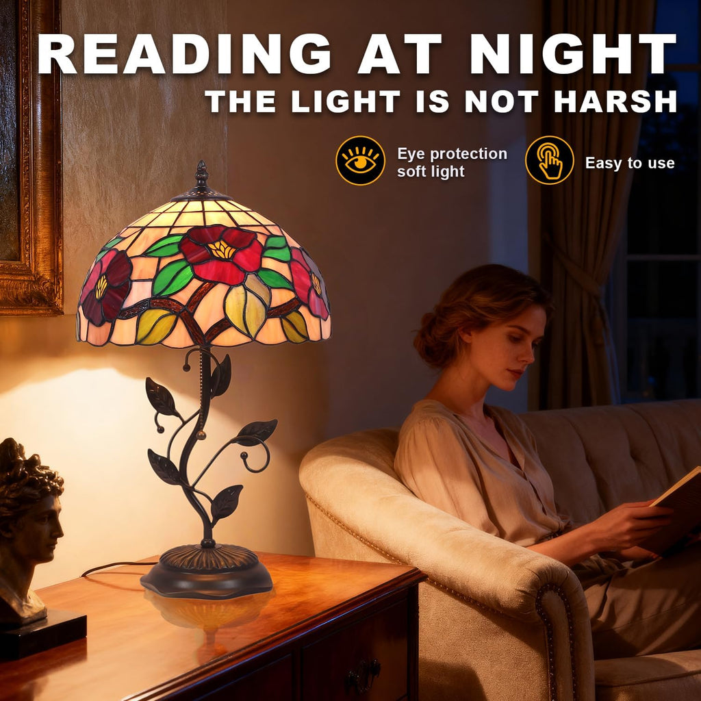 Tiffany Table Lamp, Stained Glass Crabapple Flower Design, with Metal Leaf Base, 12x12x19 Inch for Bedroom, Living Room, Home, Office