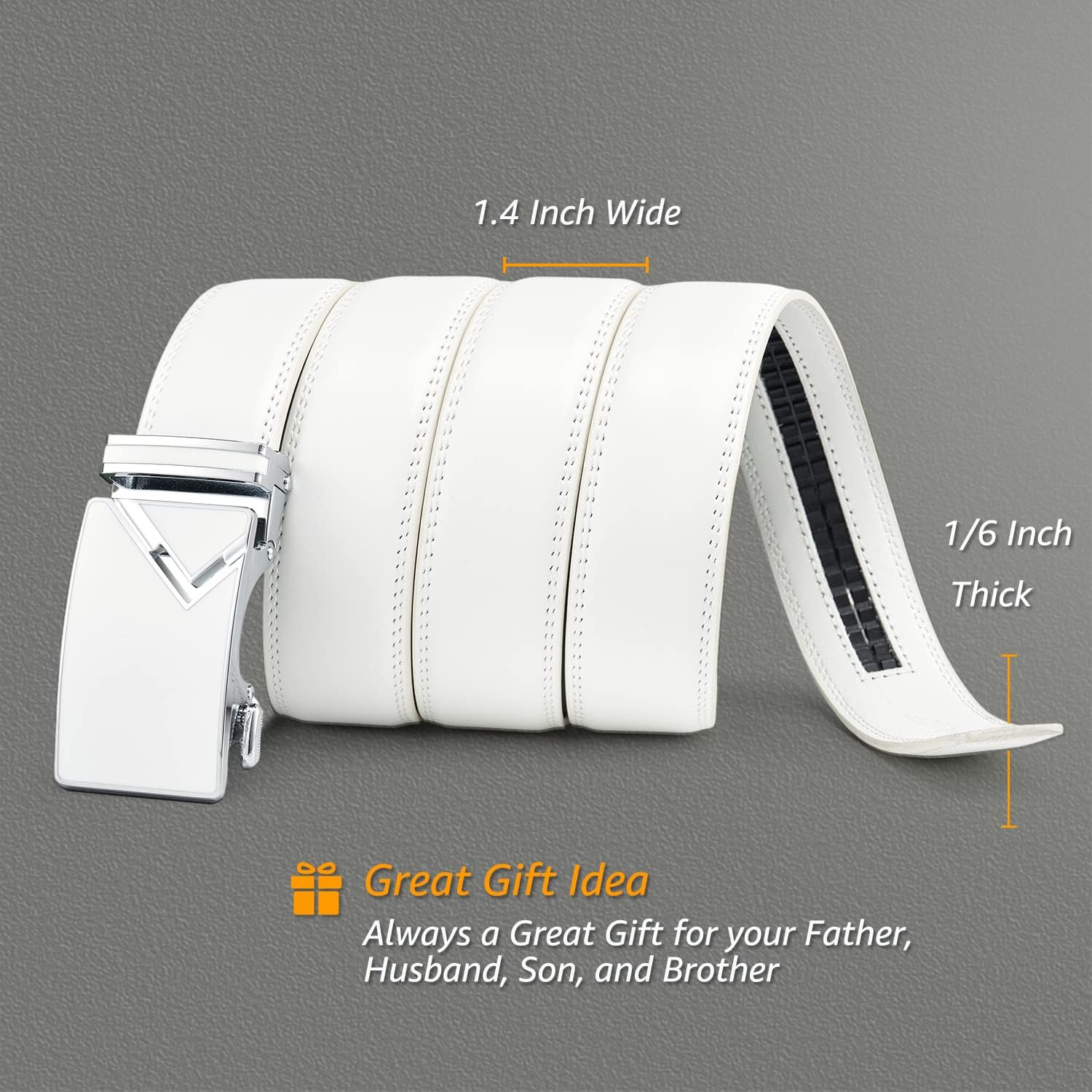 Ratchet Belt for Men, Genuine Leather Adjustable Click Dress Belt with Slide Buckle, Trim to Fit, Gift Box Included