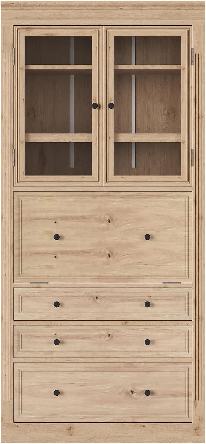 78 inch Tall Kitchen Pantry Cabinet with 3 Drawers and Adjustable Shelves, Wood Storage Cabinet with Drop-Down Surface and Glass Doors for Dining Room and Living Room (Natural//3)