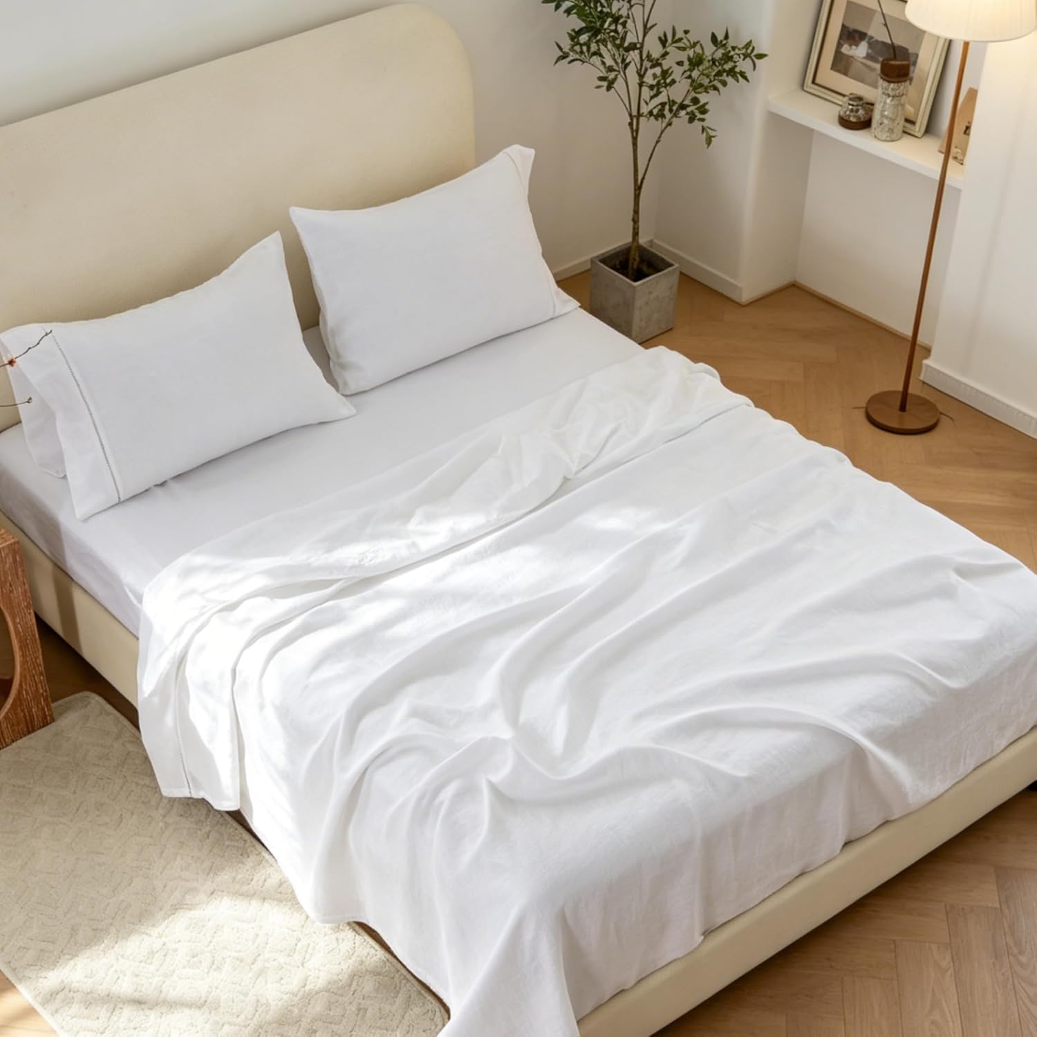 Simple&Opulence 100% Linen Hollow Hemstitch Sheet Set -4 Pieces European Flax Pure Washed Bed Sheets (1 Flat Sheet, 1 Fitted Sheet,2 Pillowcases) -Breathable and Soft (Hemstitch White,Queen)