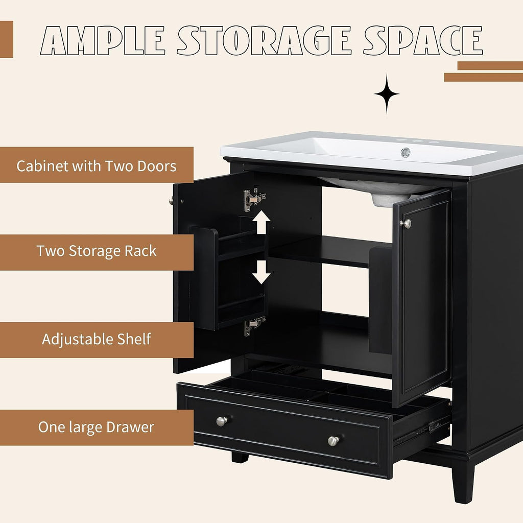 Flieks 30' Bathroom Vanity with Sink Combo, Multi-Functional Bathroom Cabinet with Doors and Drawer, Solid Frame and MDF Board, Black