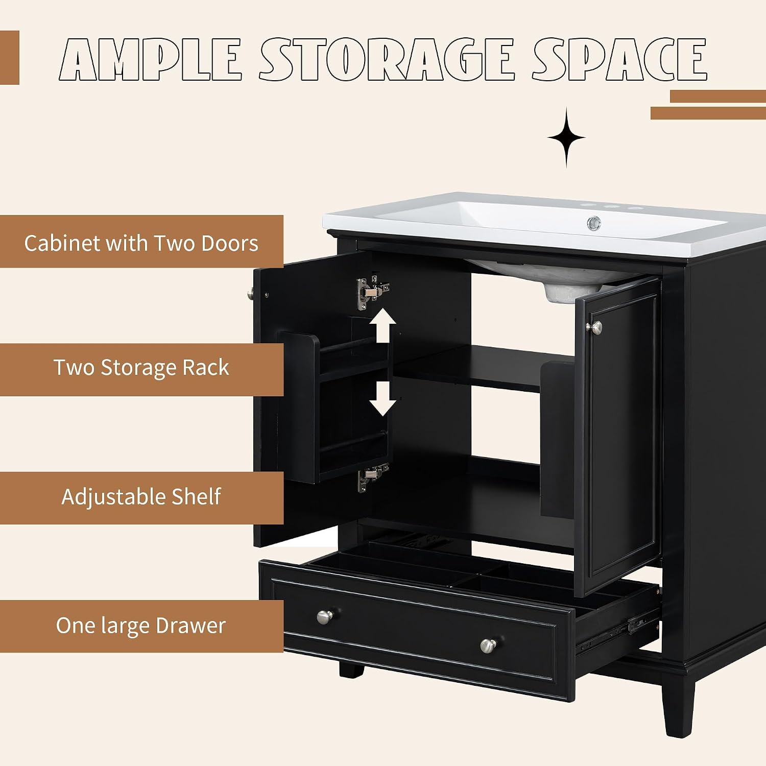 Flieks 30' Bathroom Vanity with Sink Combo, Multi-Functional Bathroom Cabinet with Doors and Drawer, Solid Frame and MDF Board, Black