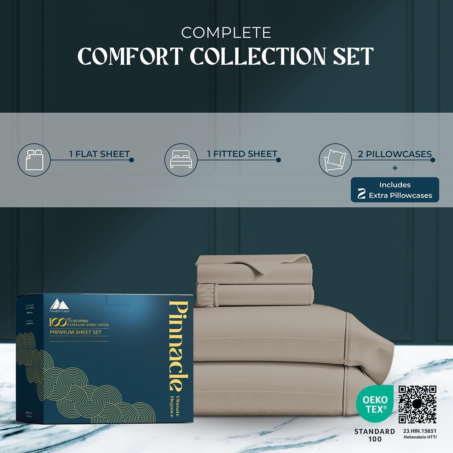 Mayfair Linen 100% Egyptian Cotton Sheets King Size - 1500 Series King Size Sheets Set Egyptian Cotton, Luxury Bedsheet (Taupe, 4 PC), Soft, Cooling, 17' Deep Pocket Sateen Weave Bedsheet Set