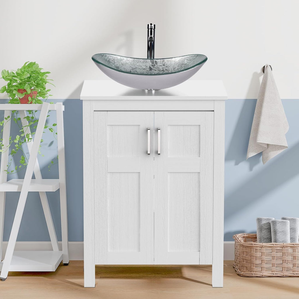 YOURLITE 24' Bathroom Vanity with Sink, White Bathroom Vanity and Sink Combo with Faucet & Pop Up Drain Set,Traditional Vanity with Blue Glass Boat Bathroom Sink