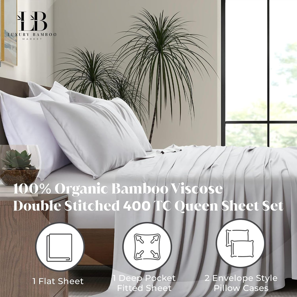 Luxury Bamboo Market | Queen Size Bed Sheet Set | 100% Viscose Made from Bamboo | Organically Grown | Ultra Soft | Cooling Sheets for Hot Sleepers | 17' Deep Pocket [Dove Grey]