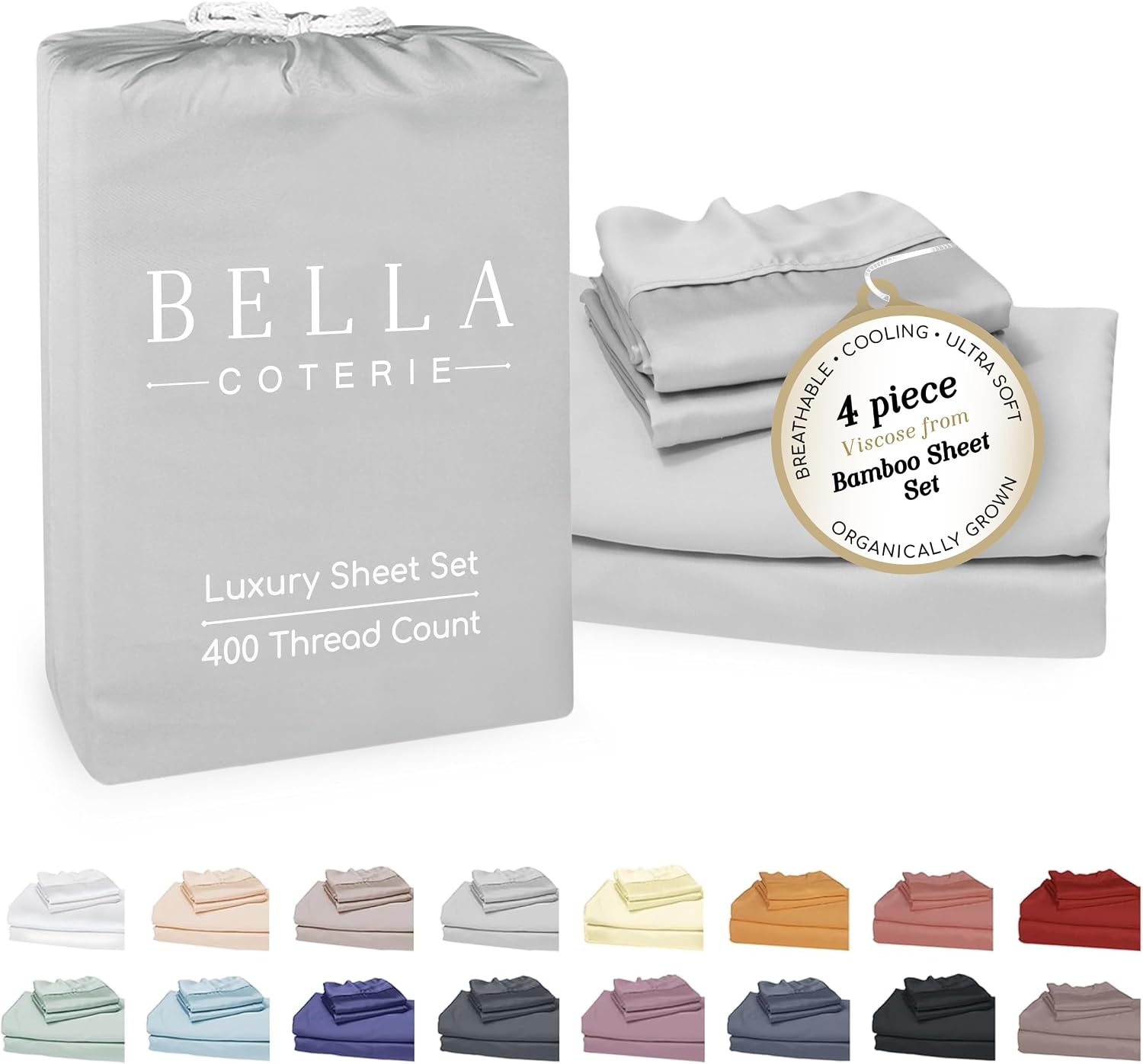 Bella Coterie Luxury Bamboo Viscose Queen Size Sheet Set | 100% Organically Grown | Ultra Soft | Cooling for Hot Sleepers | 18' Deep Pocket [Grey Mist]
