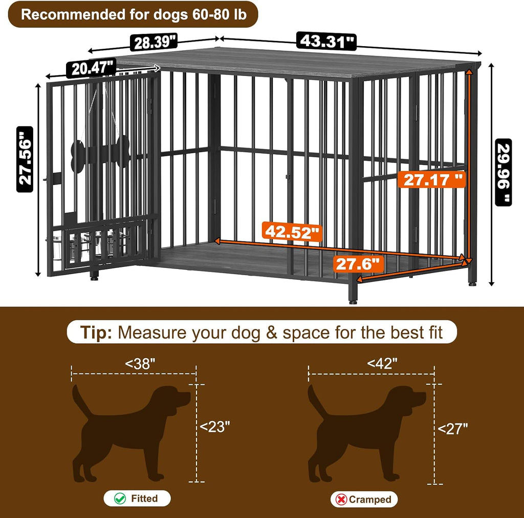 Easycom 43' Dog Crate Furniture Foldable, No Assembly Decorative Dog Kennel Indoor, XL Dog Crates for Large Dogs (60-80 lbs), Wooden Dog Cage with Adjustable Bowls and Name Tag, Dark Grey