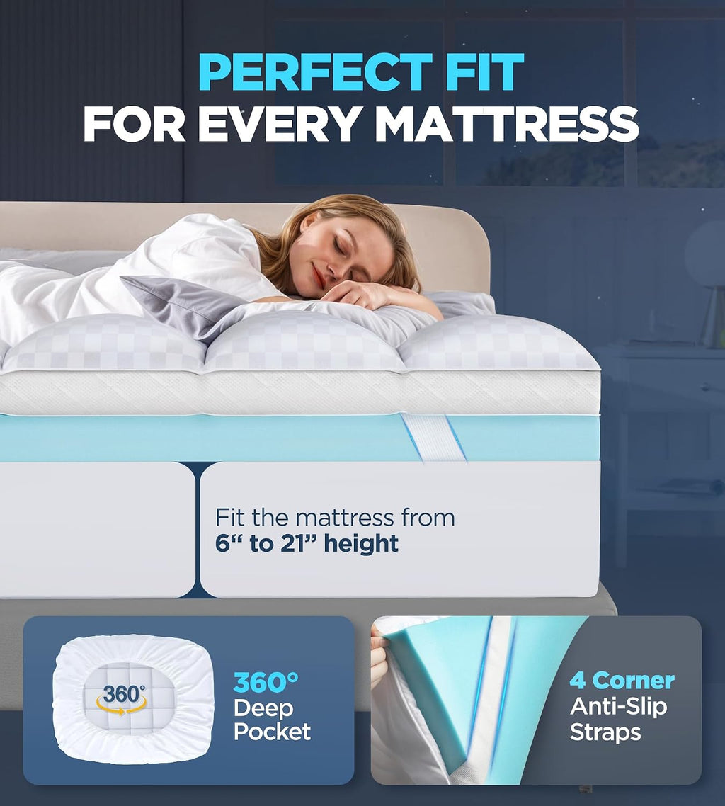 Dual Layer Memory Foam Mattress Topper for Pain Relief with 2X Support, 2' Fluffy Pillow Top Full Mattress Topper Plus 2' Odor-Free Cooling Gel Memory Foam Ultra Comfort Mattress Pad Cover