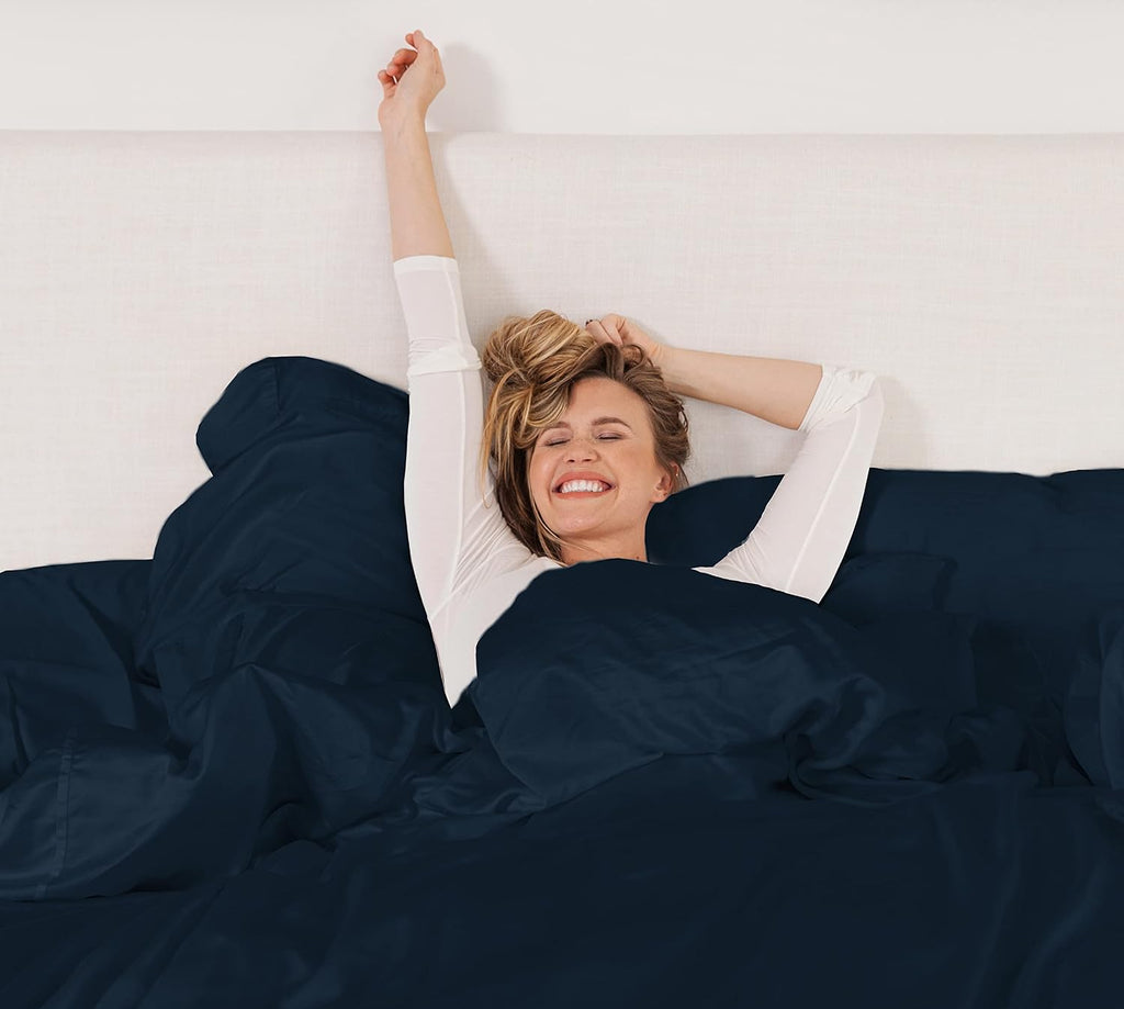 KICKEE Sheet Set, 100% Viscose from Bamboo, Sateen Weave, Silky Soft Bedding for Heavenly Comfort, Best 300 Thread Count (Blue Suede, CA King)