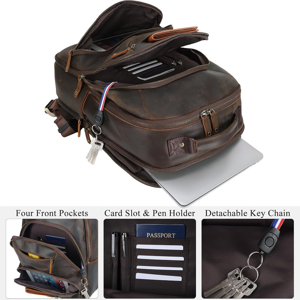 TIDING Leather Laptop Travel Backpack for Men Fits 15.6' 16' Computer, Large Business Work Bag Vintage Overnight Weekender Daypack Camping Rucksack