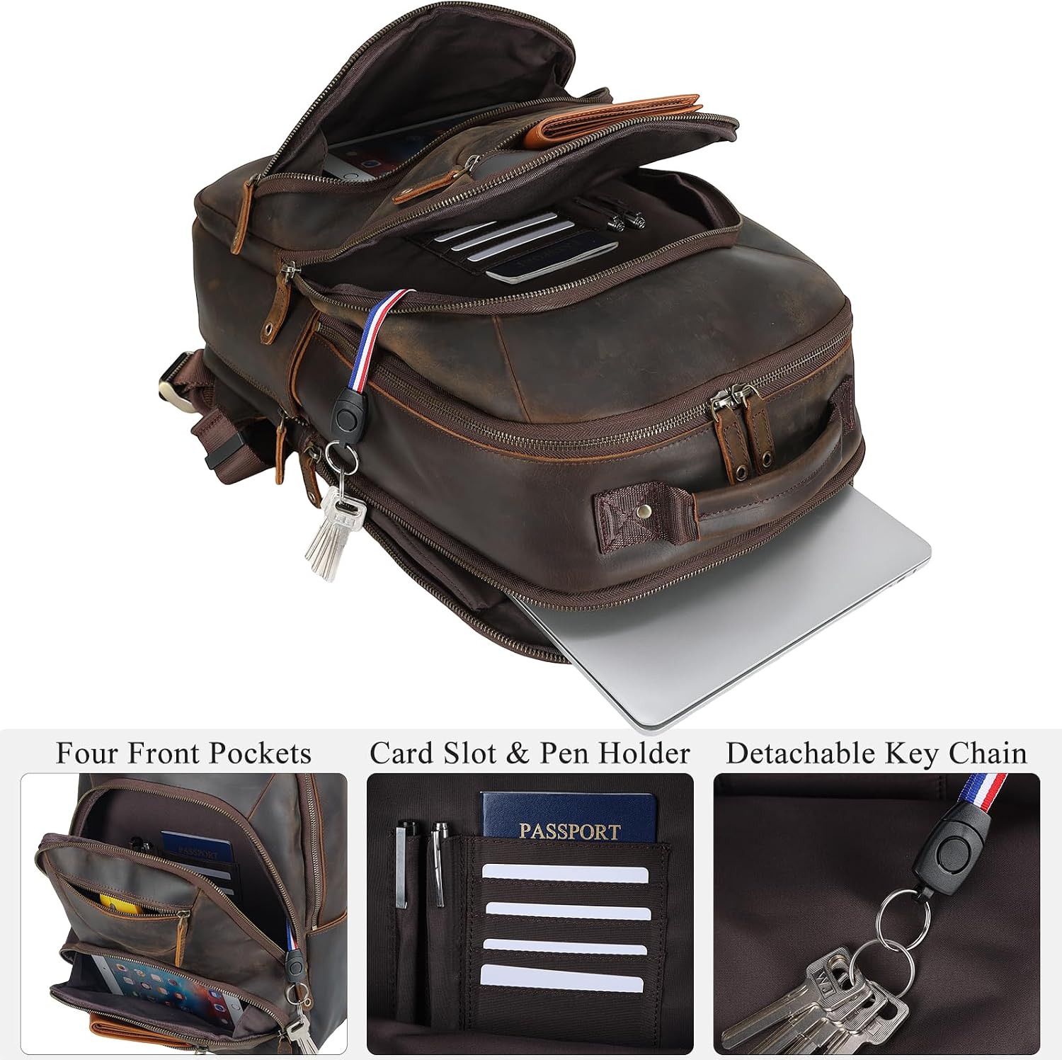 TIDING Leather Laptop Travel Backpack for Men Fits 15.6' 16' Computer, Large Business Work Bag Vintage Overnight Weekender Daypack Camping Rucksack