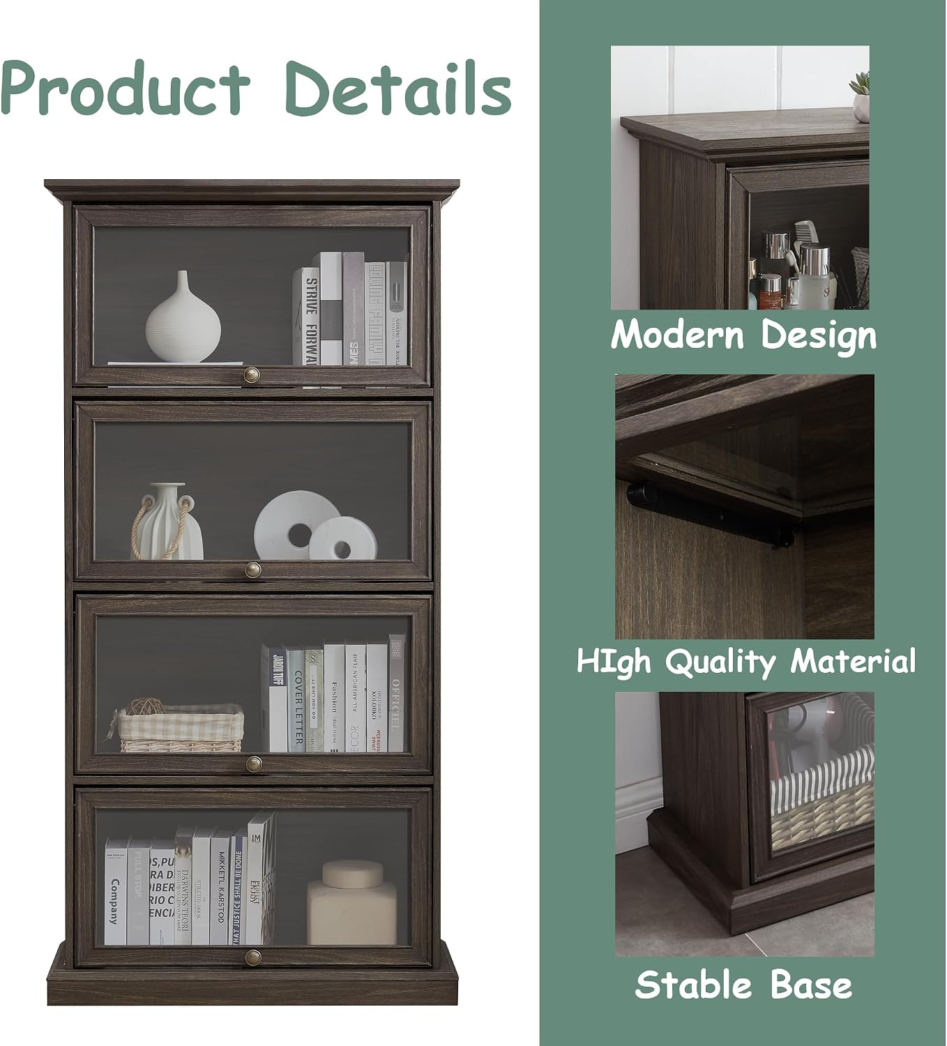 Brown Glass Display Curio Cabinet, Barrister Bookcase with Glass Doors, Rustic Brown Wood Display Cabinet, 31.5'L x 13.7'W x 63'H