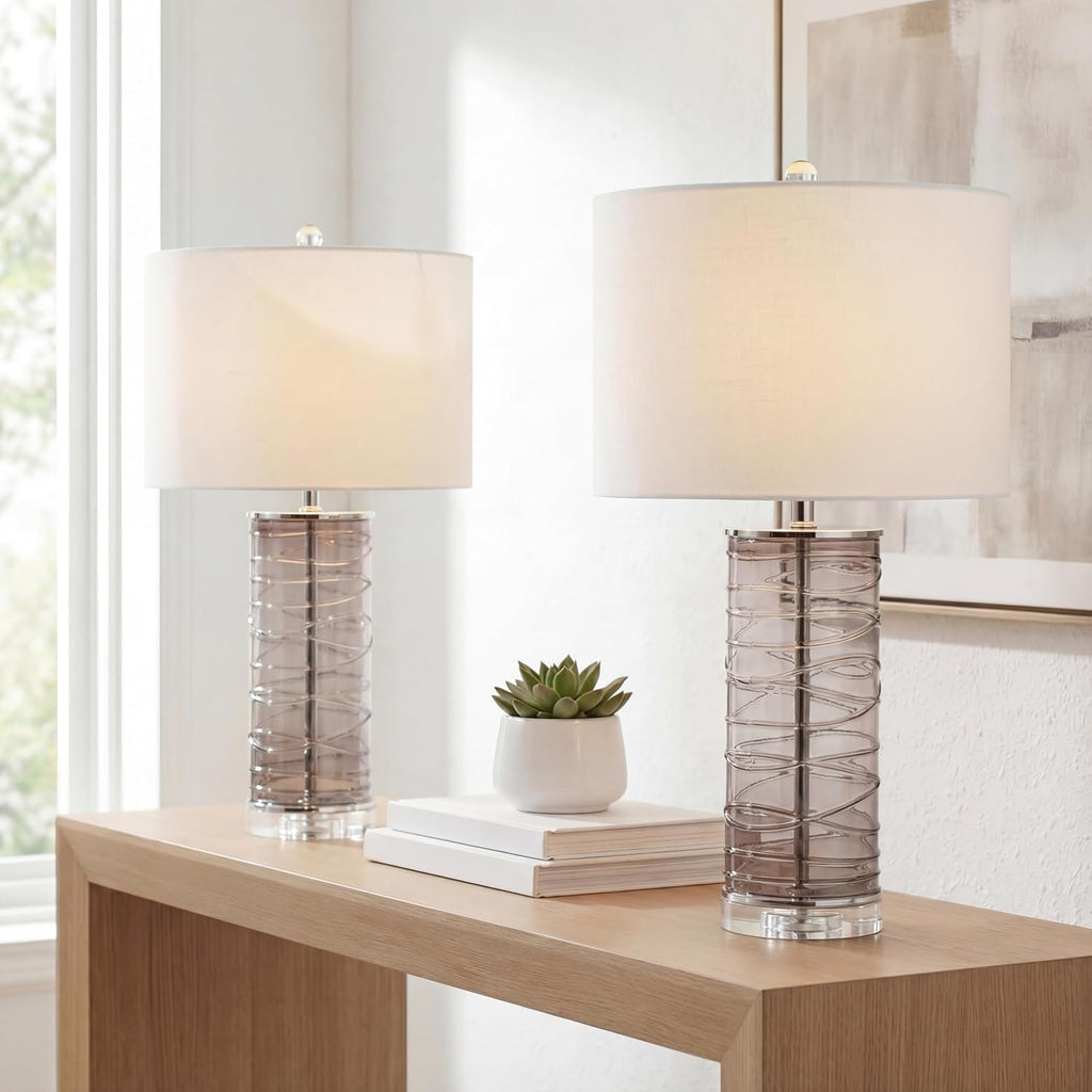 JONATHAN Y 27.5' Smoky Gray Modern Fused Glass Table Lamp Set of 2 for Bedroom Living Room, Coastal Nightstand Bedside Lamp with White Linen Shade, LED Bulbs Included (JYL4016C-SET2)