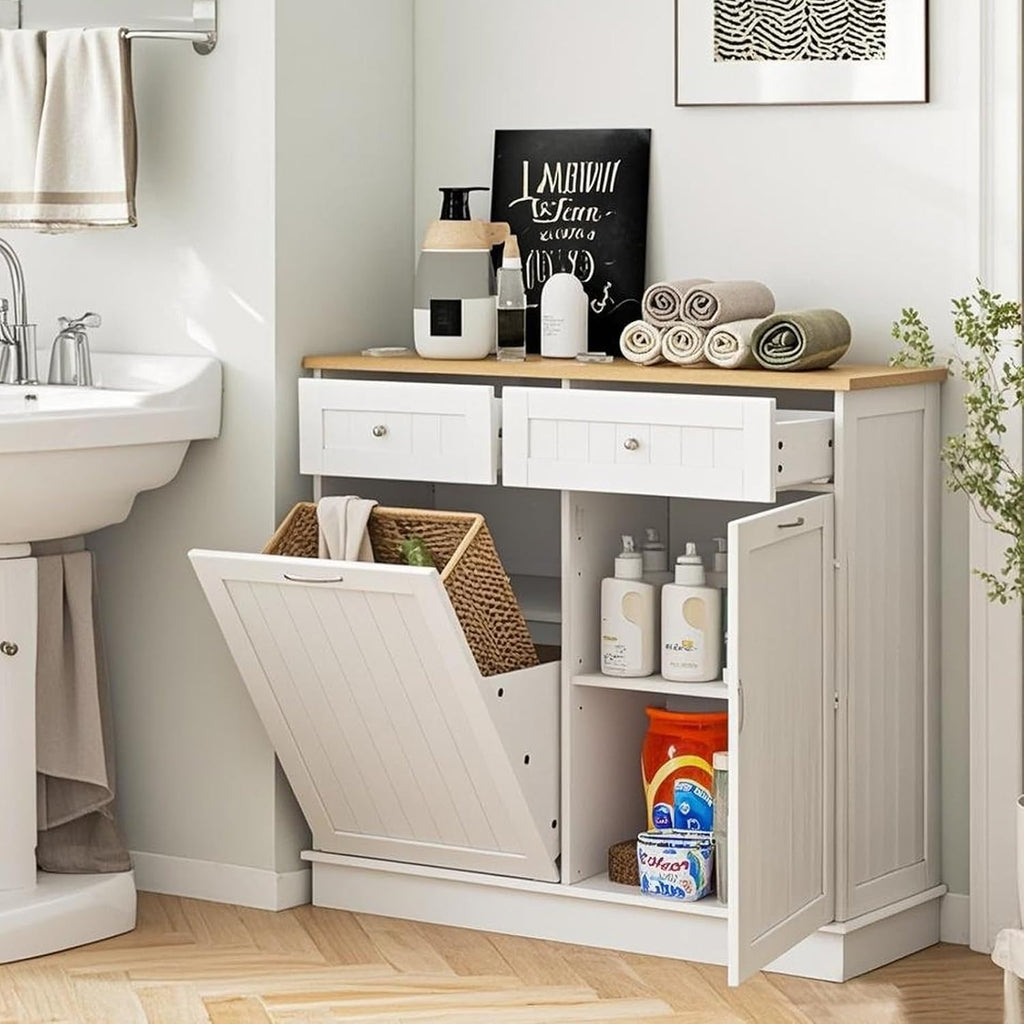 POWERSTONE Hidden Tilt Out Trash Cabinet Kitchen Island with 2 Drawers & Adjustable Shelf, Rubber Wood Countertop, Freestanding Laundry Hamper Recycle Bins, Pet Proof Garbage Can Holder White