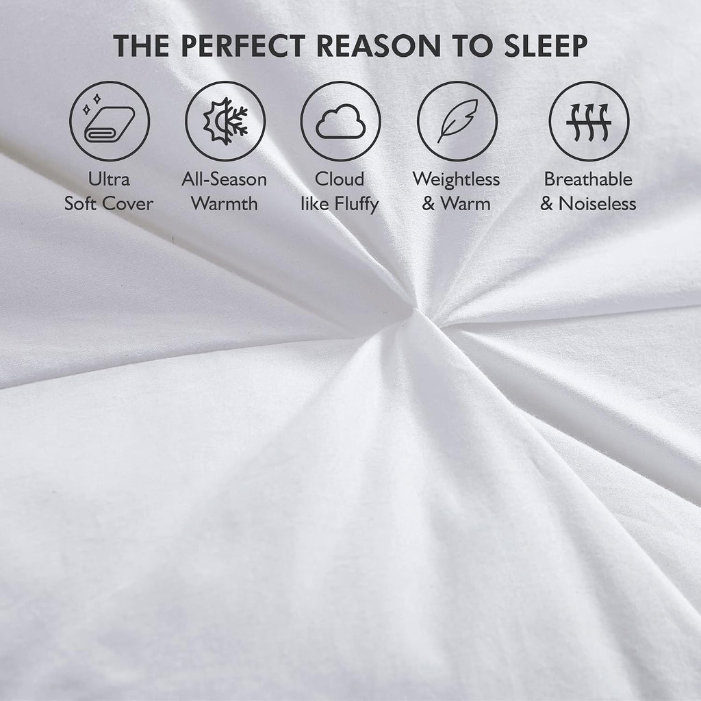 Luxurious Queen Size Goose Down Feather Fiber Comforter Duvet Insert, 100% Egyptian Cotton Cover, 60 oz. Fill Weight Comforter (Queen, White Pinch Pleat)