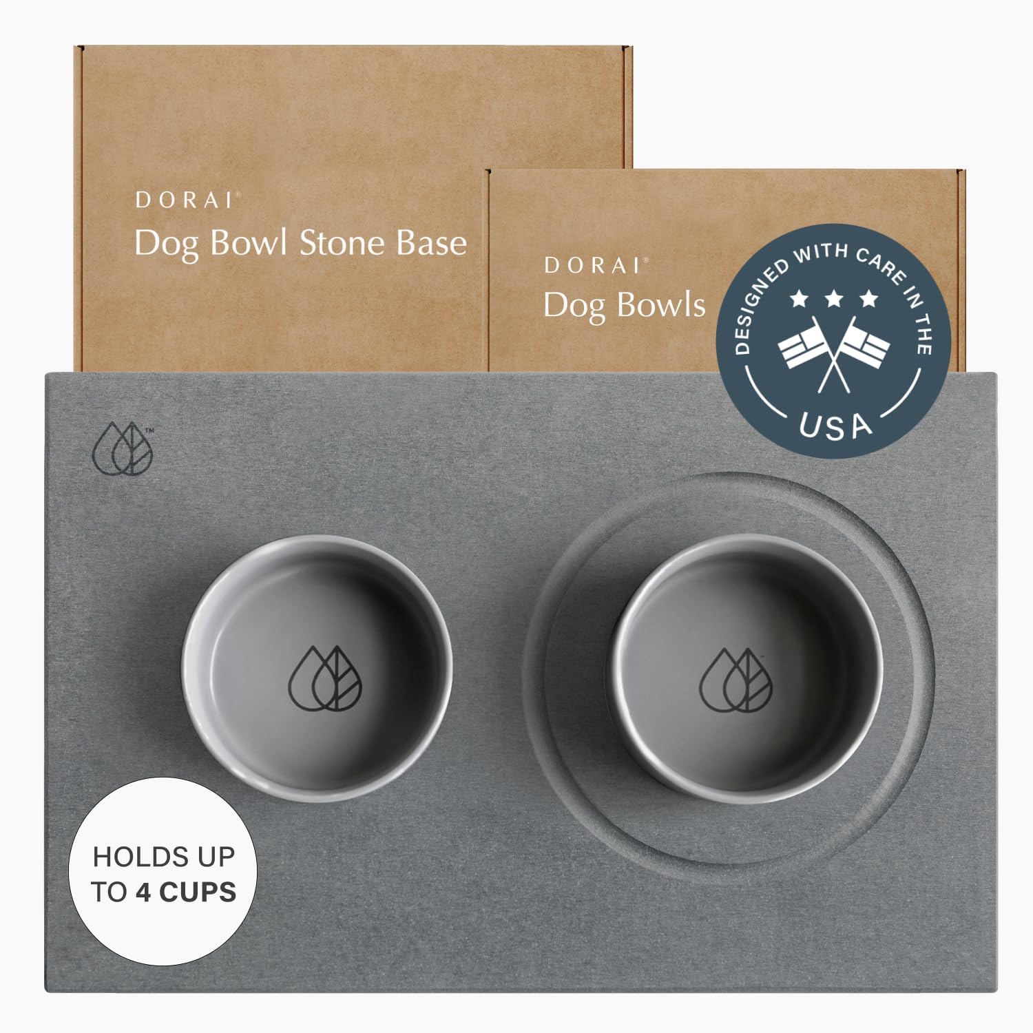 Dorai Home Ceramic Dog Bowls + Stone Drying Mat - Dog Food and Water Bowl Set with Non-Slip Base that Absorbs Spills and Drips - Made with Diatomaceous Earth for Quick Drying - 23.6' x 15.4' - Slate